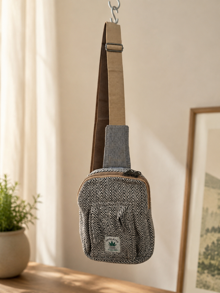 Grey Herringbone Sling Crossbody Bag | Yala Cotton