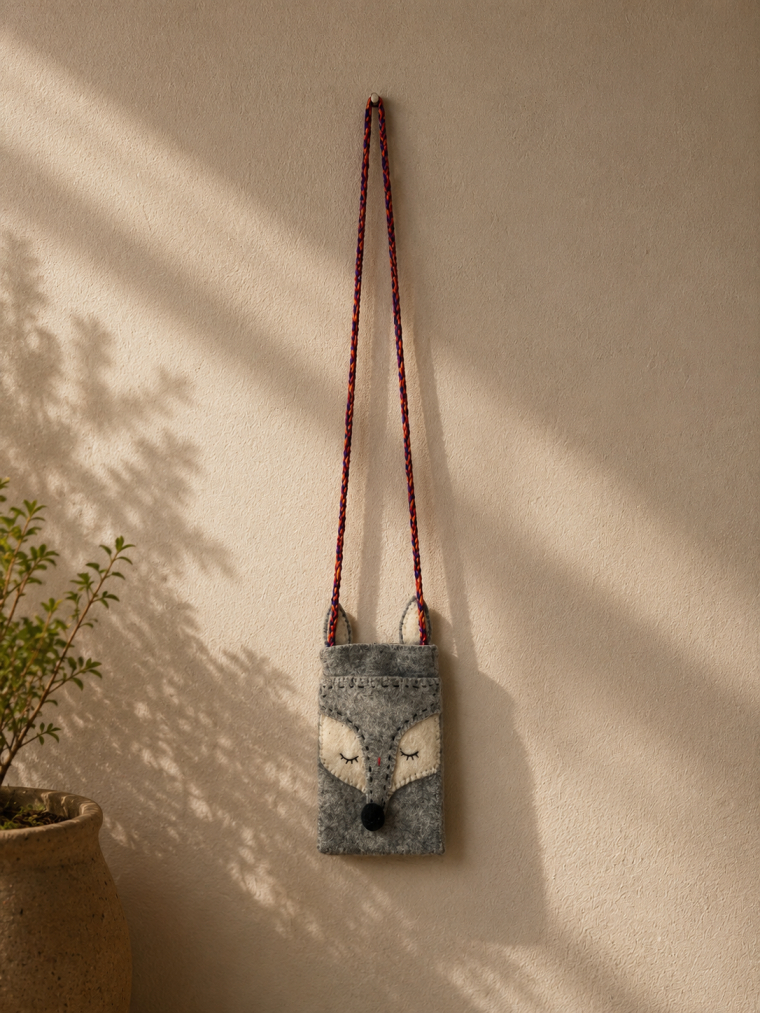 Grey Felt Fox Face Phone Bag | Yala Cotton
